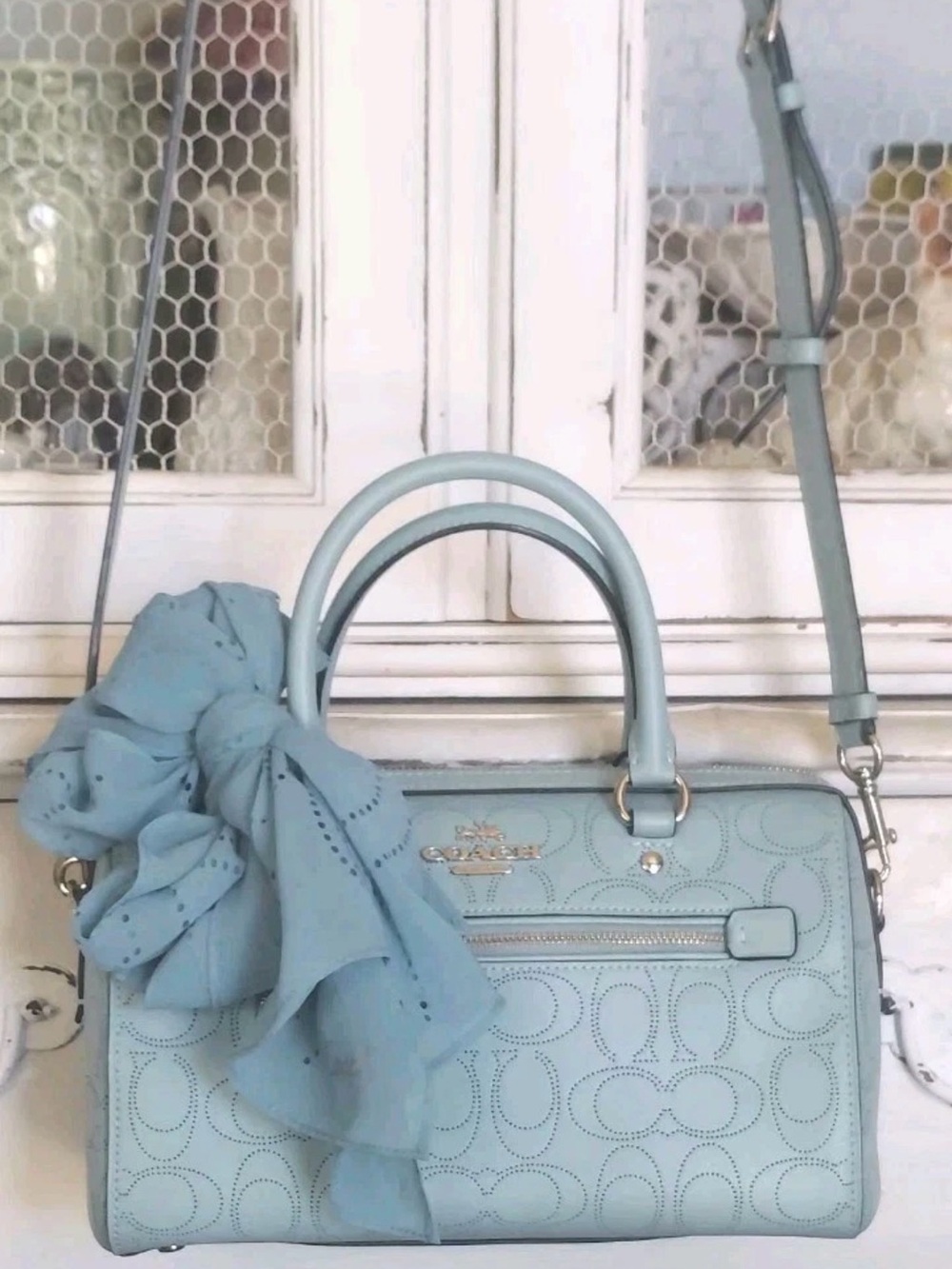 Coach Rowan Sky Blue Perforated Leather Bag with Scarf Accent - Picture 6 of 16